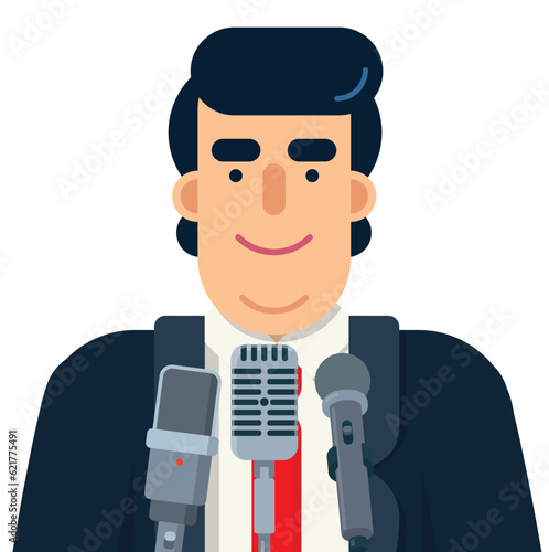 Politician speaking in public at microphones, vector illustration