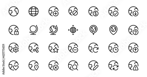 Globe icon. Planet Earth, world map. linear Editable Stroke. Line, Solid, Flat Line, thin style and Suitable for Web Page, Mobile App, UI, UX design.