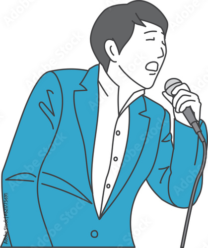A man in a  suit holding a microphone and singing