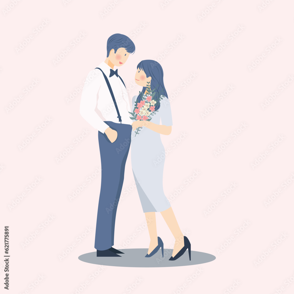 Sweet Romantic Couple Character Illustration Wedding Invitation Save the Date Template in Simple Minimalist Blue color Sweet Romantic Couple Character Illustration Wedding Invitation Save the Date Template in Simple Minimalist Blue color