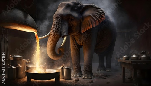 Elephant cooking dinner. Generative AI 
