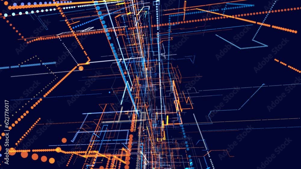 glow particles form lines. Info concept lines and nodes, ai construction light grid. Lines form hologram information blocks. Vj loop abstract sci-fi bg. Hi-tech info technology.