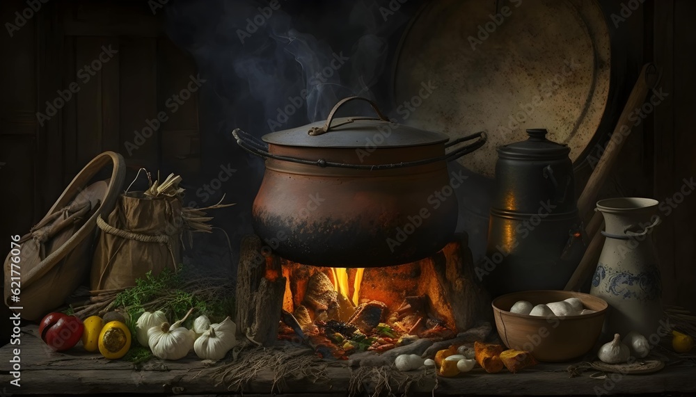 Kitchen with old antique cookware. Generative AI
Kitchen with old antique cookware. Generative AI