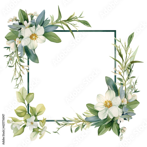 Floral wreath with delicate flowers and green leaves. Generated AI