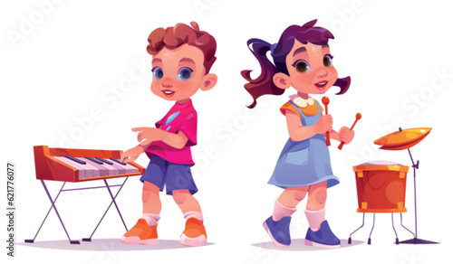 Boy and girl playing piano and drums isolated on white background. Vector cartoon illustration of happy children with music instruments performing at school concert, rehearsal before talent show