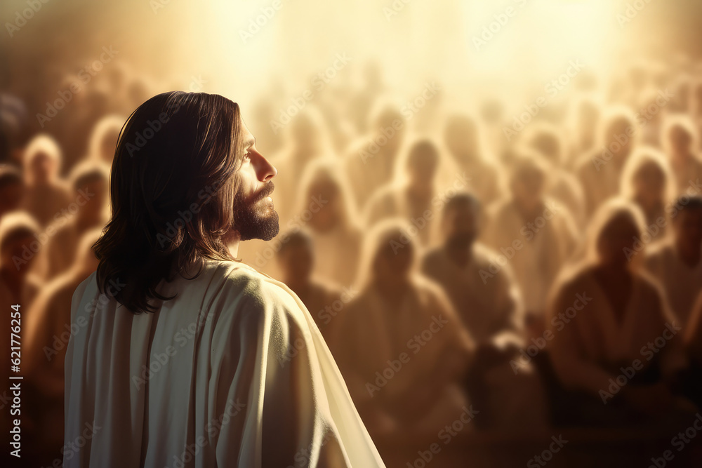 illustrational view of jesus christ in white clothes and loving peaceful faceteaching crowd, blurry people and light rays in background, generative AI