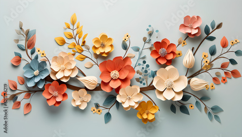 3d paper cut craft collage branch with flowers and leaves