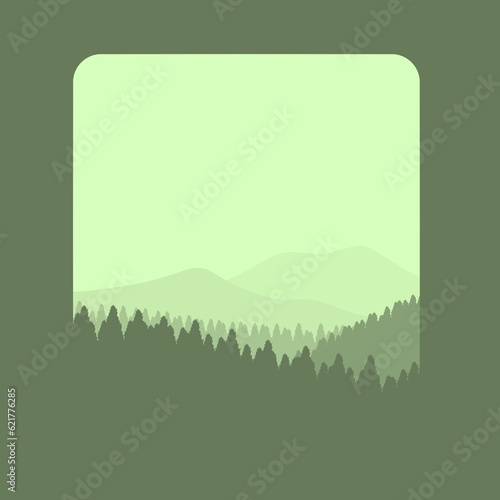 illustration of green pine forest with mountain background 