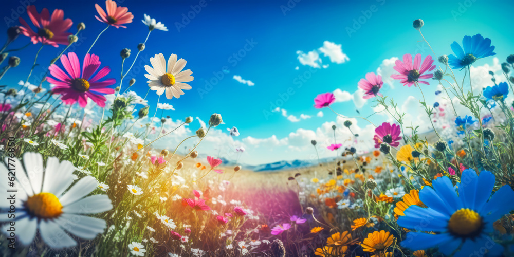 A beautiful flowery meadow in spring or summer. Nature concept. Generative AI A beautiful flowery meadow in spring or summer. Nature concept. Generative AI