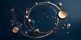 Flying geometric shapes in motion with golden round frame. Dynamic set of realistic spheres, rings, tubes. Modern background for product design show in dark blue color. Ai generative