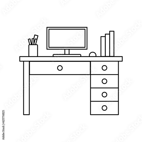 Office Workspace Computer Desk, Studying Table, Outline Vector Icon Illustration