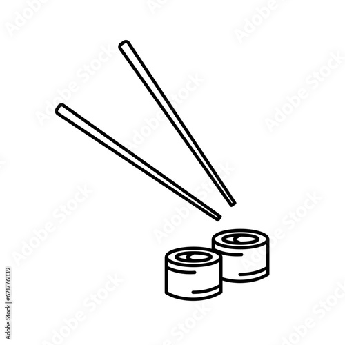 Two Sushi Roll And Chopstick Outline Vector Icon Illustration