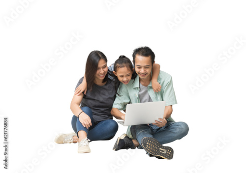 Happy asian family of father, mother and daughter using laptop computer on floor, full body isolated on background