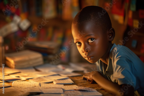 Young child sudying in african shool - generative AI photo