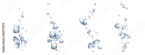 Realistic set of underwater bubbles splash isolated on transparent background. Vector illustration of fizzy beverage texture, laundry detergent effect, air drops, boiling water, effervescent drink