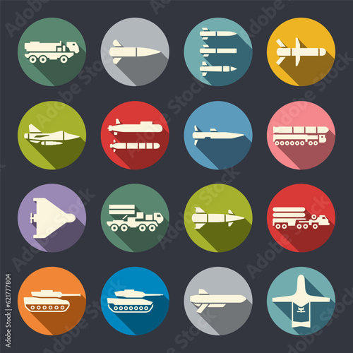 Modern armament flat vector icon set. Artillery, missiles, anti-aircraft systems icons. War weapons.