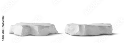 3d stone rock podium nature platform for cosmetic product. Minimal studio stage for beauty or fashion showcase. Isolated realistic grey cement grunge pedestal element mockup set for advertising.