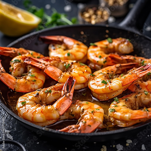 Whole fried large shrimp with seasonings in a frying pan. Fresh cooked delicious shrimp, healthy seafood food