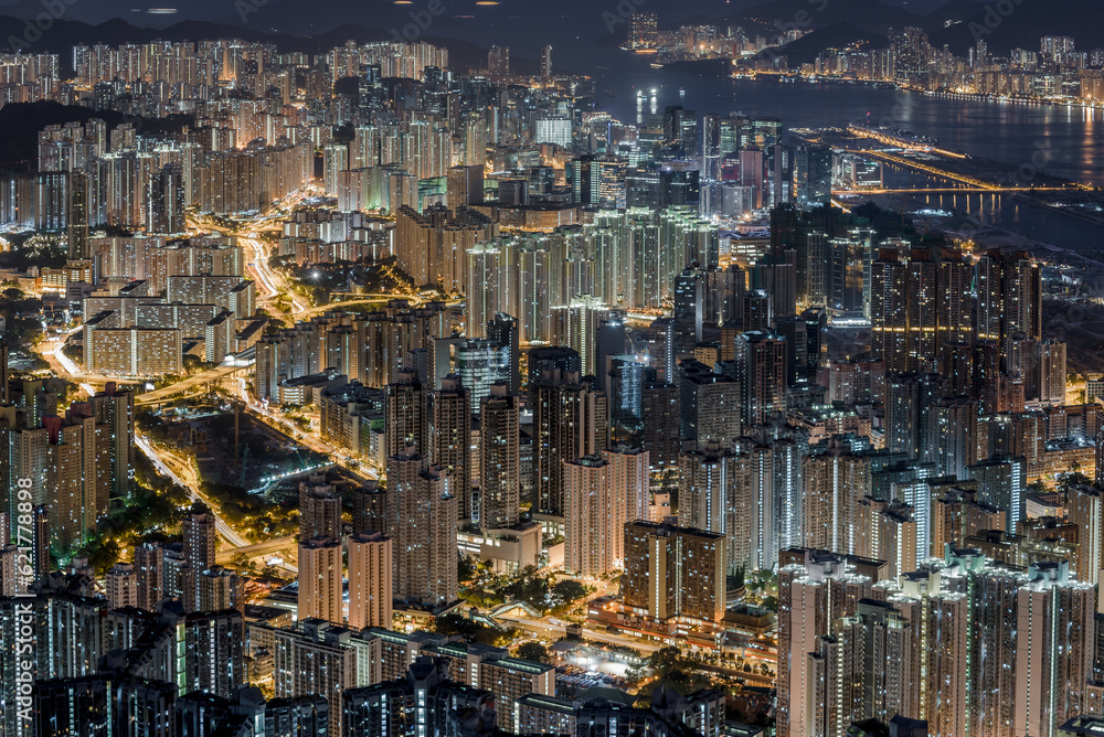 Aerial City Night view of Hong Kong City with building and street