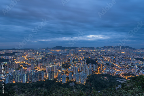 Aerial City Night view of Hong Kong City with sky and building and street