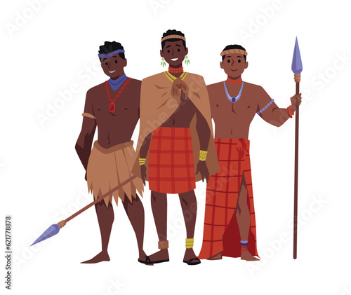 Strong dark-skinned tribal men with a spears, vector illustration Africans, group of warriors and hunters