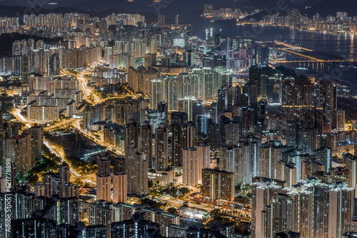 Aerial City Night view of Hong Kong City with building and street