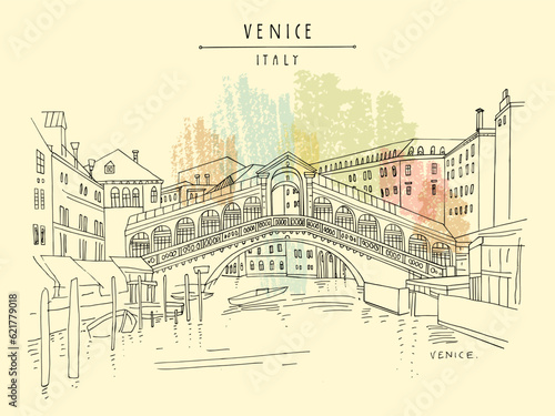 Vector Venice, Italy postcard. Famous Rialto bridge across Grand canal. Improved refined travel sketch. Artistic hand drawing. Vintage hand drawn postcard, poster, artistic book, booklet illustration