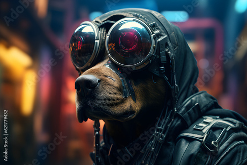 studio portrait of cyberpunk dog wearing goggles