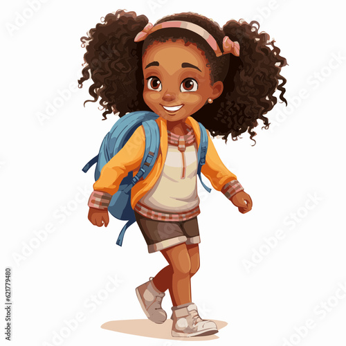 simple cartoon clipart black african american girl student child going to school white background