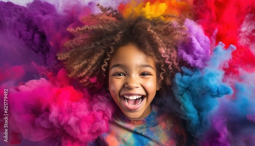 Happy black child smiling in a cloud of colorful smoke on a white background, having fun, colors, color explosion, holi, LGBTQ+, party, peace, inclusive, beauty, freedom. Generative AI.