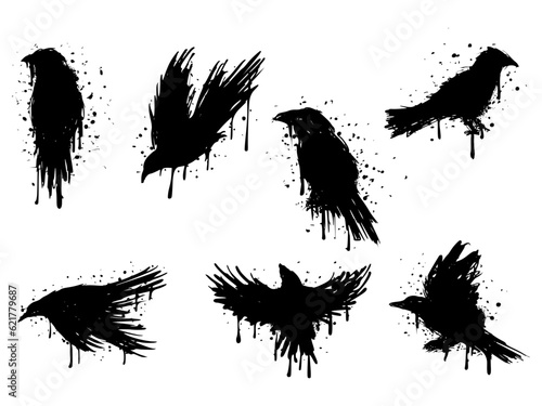 Leinwand Poster Silhoutte of raven. Black raven colection set vector illustration