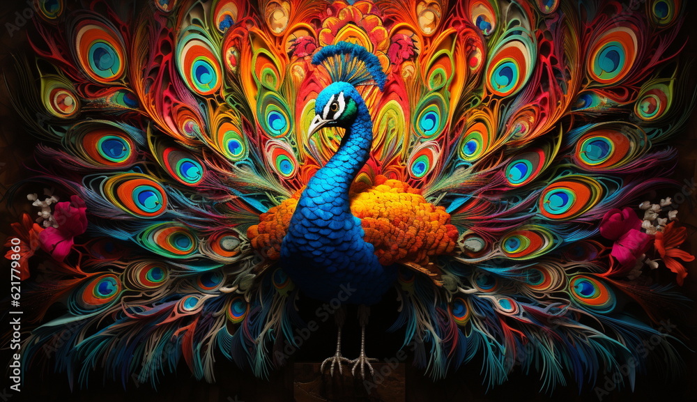 Fototapeta premium A stunning watercolor-style portrait of an elegant blue peacock. Based on Generative Ai.