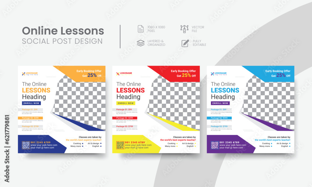Effective online lessons social media post for commercial courses, or tutoring marketing. Customizable webinar lessons social web banner layout template. Vol - 1