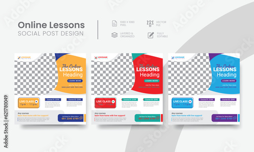 Effective online lessons social media post for commercial courses, or tutoring marketing. Customizable webinar lessons social web banner layout template. Vol - 2