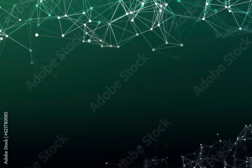 Pattern connecting lines, dots, glow stars. Neon green  background frame. Banner presentations, social networks. Texture chaotic communication network.