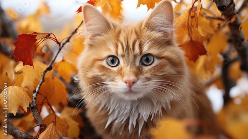 Aerial view of a cat in the autumn forest
