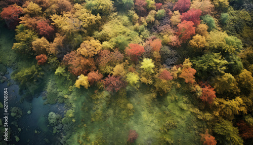 Aerial view to the autumn coloured forest.