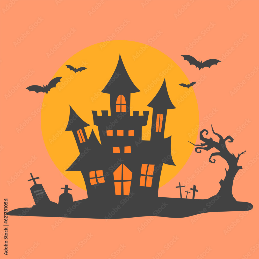 Happy Halloween castle on the graveyard, moon dark night, and tombstone Black with bats flying around the castle to celebrate Halloween celebrities' holiday greetings. Vector illustration cartoon. Happy Halloween castle on the graveyard, moon dark night, and tombstone Black with bats flying around the castle to celebrate Halloween celebrities' holiday greetings. Vector illustration cartoon.
