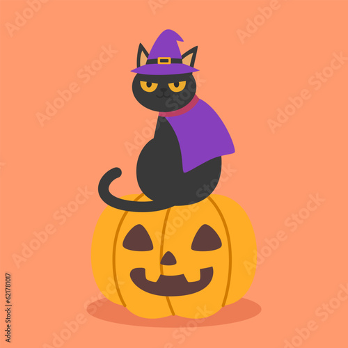 A cute black cat in a witch hat sitting on a Halloween pumpkin to celebrate Halloween celebrities' holiday greetings. Vector illustration cartoon.
