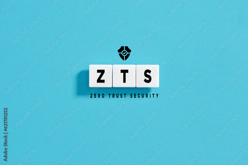 White letter blocks on blue background with the acronym ZTS Zero Trust Security. Network security concept. - obrazy, fototapety, plakaty 
