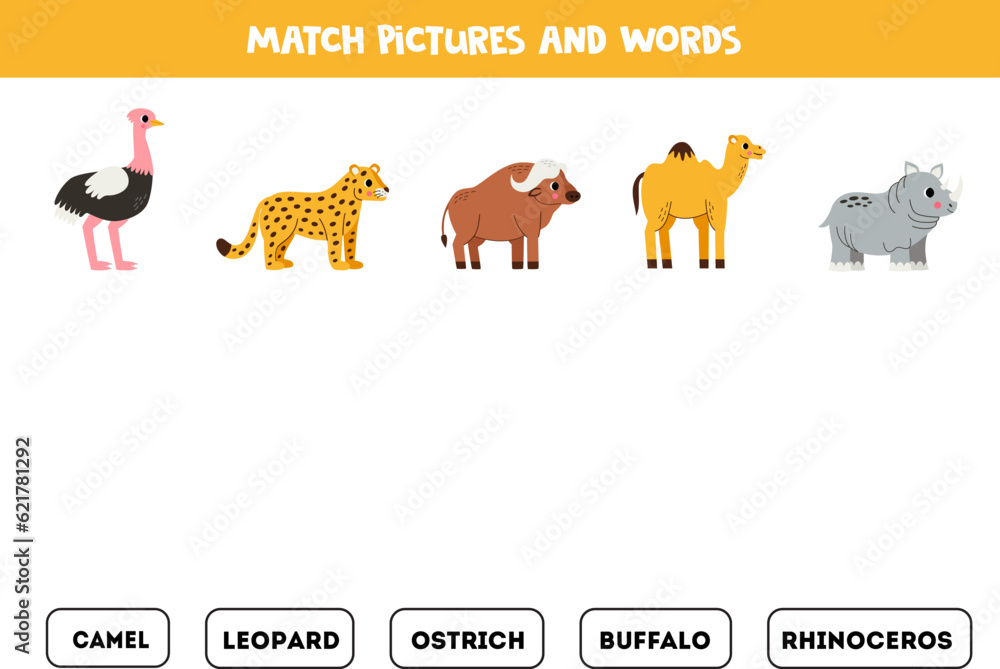 Match pictures and words. Logical puzzle for kids. African animals.