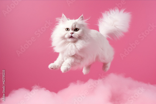 White cat gracefully leaping against a vibrant pink backdrop, radiating joy and playfulness. Ai generated