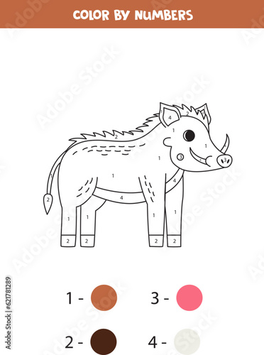 Coloring page with cute cartoon warthog. Color by numbers. Math game for kids.