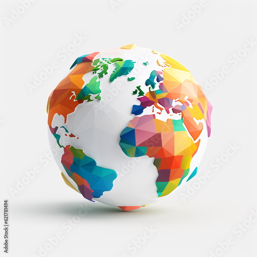Fototapeta Naklejka Na Ścianę i Meble -  Low poly earth planet globe illustration. Polygonal globe icon with shadow on isolated white background. realistic world map in globe shape Generative ai