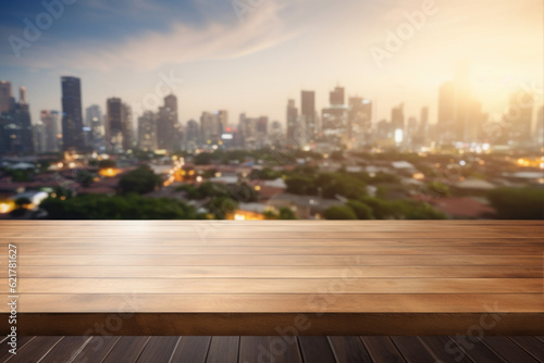 Empty wood table with blur room office and window city view background