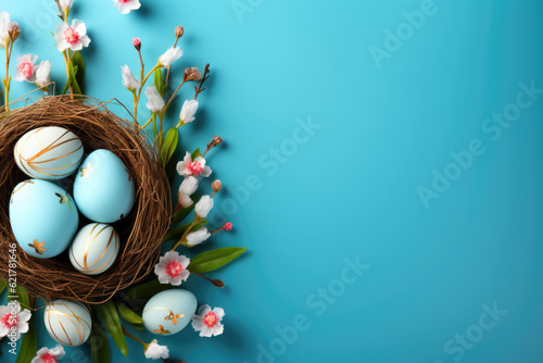 Easter poster background template with Easter eggs in the nest on light blue background.
