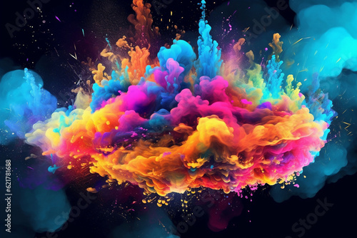 Explosion of vibrant clouds, bursting with an array of mesmerizing colors against a mysterious dark background. Ai generated © twindesigner