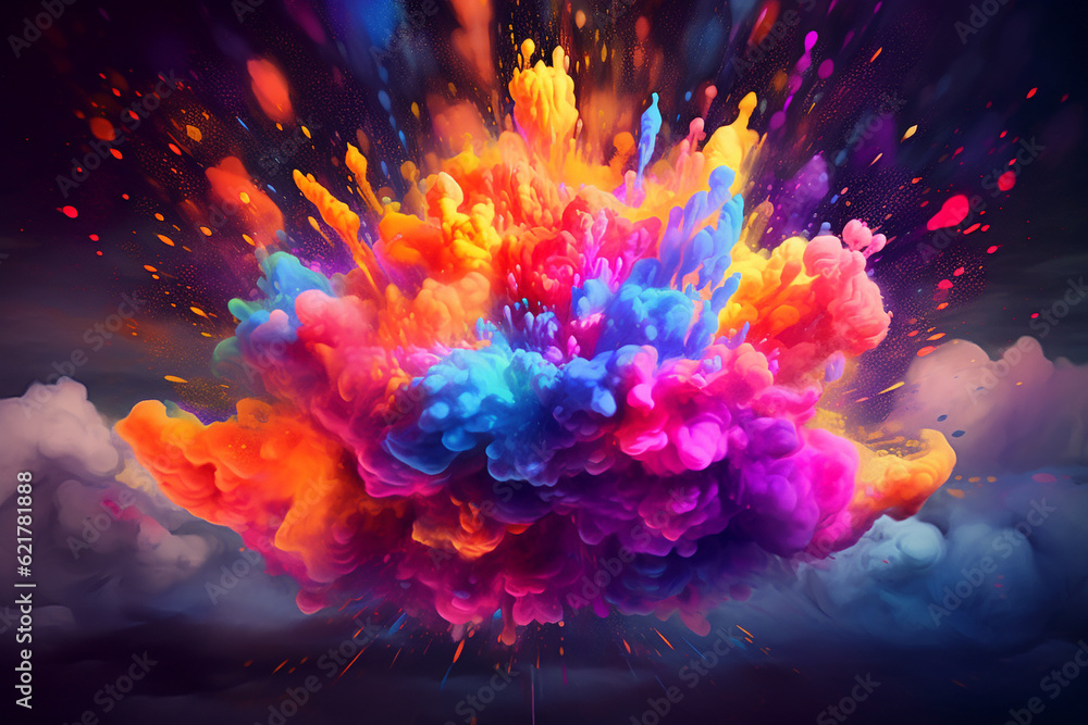 Obraz premium Explosion of vibrant clouds, bursting with an array of mesmerizing colors against a mysterious dark background. Ai generated