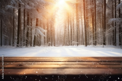 Empty wood table , blurred winter snow forest rays, mock up winter scene © reddish