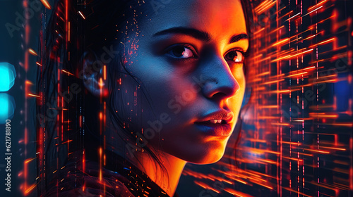 Unveiling the Cybernetic Wizardry: Close Up of a beautiful Technomancer Woman Surrounded by Data Flow. Generative AI.